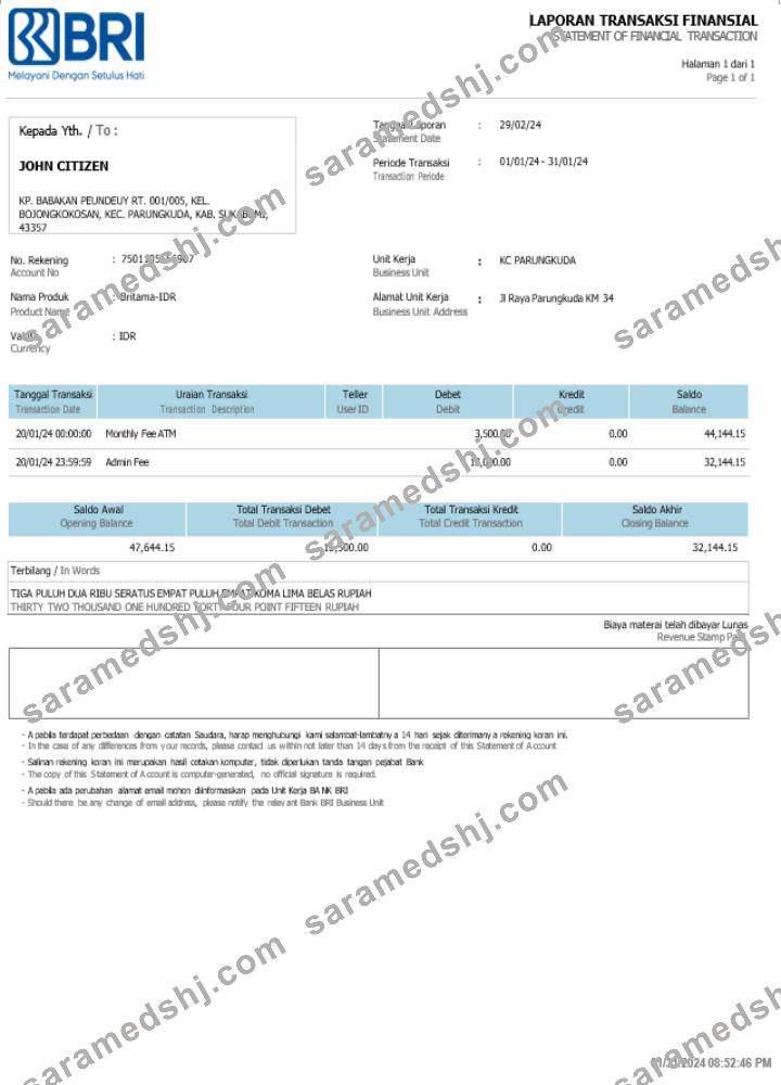 Indonesia Bank BRI statement Word and PDF example